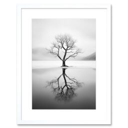 "Artery8 Wall Art Print Lone Tree by Frozen Lake Winter Landscape Black & White Photograph Artwork Framed 9X7 Inch - Size: W7"" x H9""" - thumbnail 1