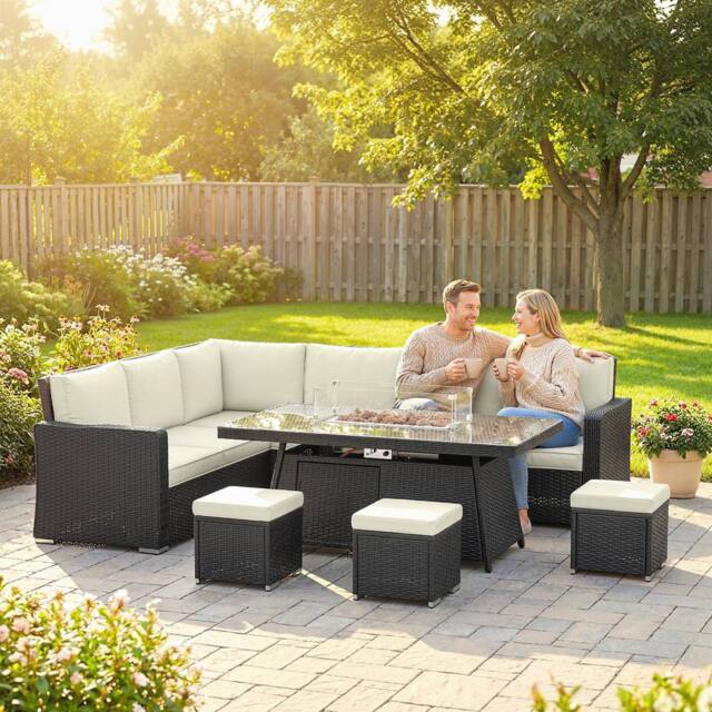 OUTSUNNY 7 Pieces Rattan Garden Furniture Set w/ 50, 000 BTU Fire Pit Table in Cream - image 1