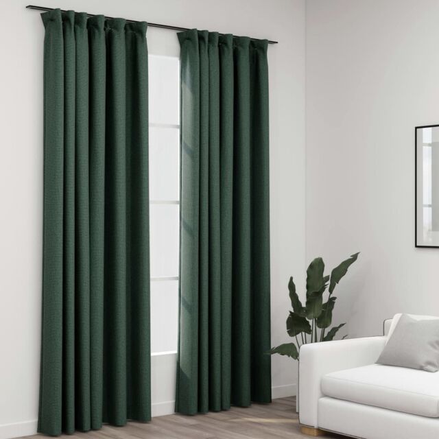 Berkfield Home Linen-Look Blackout Curtains with Hooks 2 pcs Green 140x225 cm - image 1