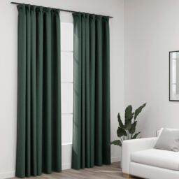 Berkfield Home Linen-Look Blackout Curtains with Hooks 2 pcs Green 140x225 cm - thumbnail 1