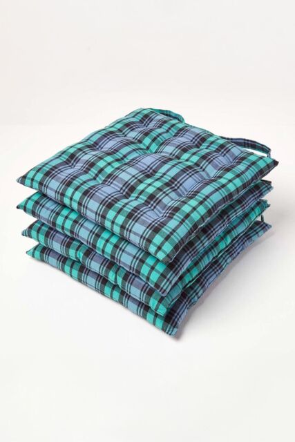 Homescapes 4 Pack Seat Pads Cotton Green Tartan Indoor Outdoor Garden Cushion, 40cm - Size: 40 cm x 40 cm - image 1