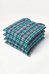 Homescapes 4 Pack Seat Pads Cotton Green Tartan Indoor Outdoor Garden Cushion, 40cm - Size: 40 cm x 40 cm - thumbnail 1