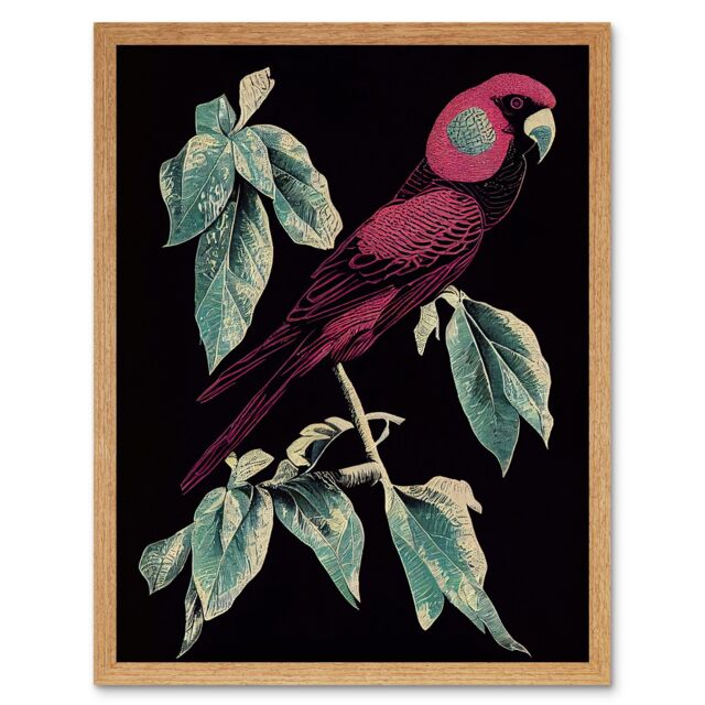 "Artery8 Wall Art Print Burgundy Parakeet Retro Modern Vintage Tropical Jungle Art Framed in Light Oak - Size: W12"" x H16""" - image 1