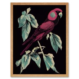 "Artery8 Wall Art Print Burgundy Parakeet Retro Modern Vintage Tropical Jungle Art Framed in Light Oak - Size: W12"" x H16""" - thumbnail 1