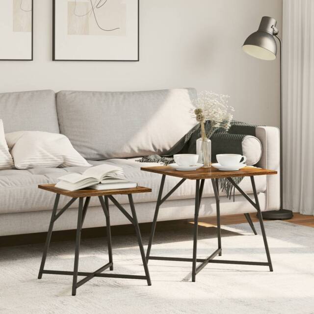 Berkfield Home Side Table Set - 2 Rustic Smoked Oak & Metal Tables in Brown - image 1