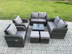 Fimous Garden Furniture Set Rattan Outdoor Lounge Sofa Chair With Tempered Glass Table 2 Small Footstools Dark Grey Mixed - thumbnail 2