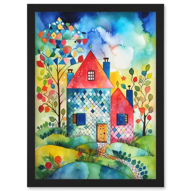 Artery8 Farmhouse In The Flowers Folk Art Artwork Framed Wall Art Print A4 in Black - image 1