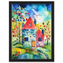 Artery8 Farmhouse In The Flowers Folk Art Artwork Framed Wall Art Print A4 in Black - thumbnail 1