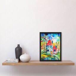 Artery8 Farmhouse In The Flowers Folk Art Artwork Framed Wall Art Print A4 in Black - thumbnail 2