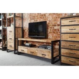 Indian Hub Cosmo Industrial Large Plasma Stand - Solid Mango Wood L45xW150xH60cm in Brown - thumbnail 3