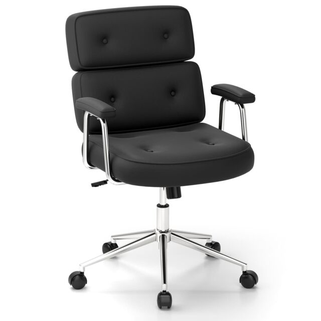 Costway Office Chair PU Leather Upholstered Desk Chair Button Tufted Back in Black - image 1