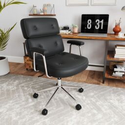 Costway Office Chair PU Leather Upholstered Desk Chair Button Tufted Back in Black - thumbnail 4