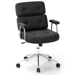 Costway Office Chair PU Leather Upholstered Desk Chair Button Tufted Back in Black