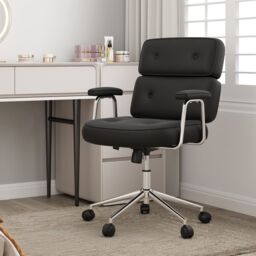 Costway Office Chair PU Leather Upholstered Desk Chair Button Tufted Back in Black - thumbnail 3