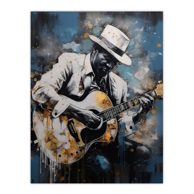 Artery8 Wall Art Print Guitarist Playing Acoustic Blues Acrylic Painting Gold Blue Drip Paint Guitar Music Musician Portrait Poster - image 1