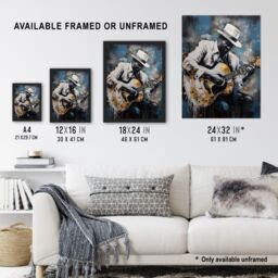 Artery8 Wall Art Print Guitarist Playing Acoustic Blues Acrylic Painting Gold Blue Drip Paint Guitar Music Musician Portrait Poster - thumbnail 3