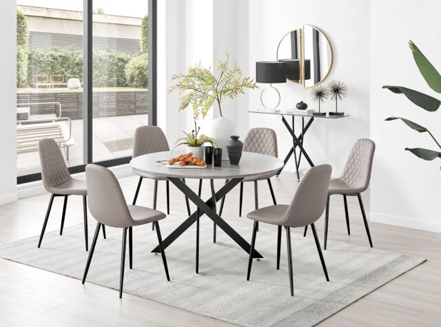 FurnitureboxUK Novara Grey Concrete Effect Black Leg 120cm Round Dining Table & 6 Corona Black Leg Chairs in Beige - image 1