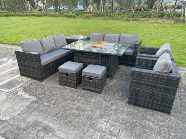 Fimous 10 Seater Outdoor Lounge Rattan Sofa Set Garden Furniture Gas Firepit Set Dining Table With Chair Coffee Table in Dark Grey - image 1