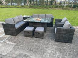 Fimous 10 Seater Outdoor Lounge Rattan Sofa Set Garden Furniture Gas Firepit Set Dining Table With Chair Coffee Table in Dark Grey - thumbnail 3