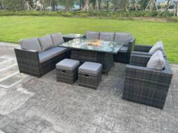 Fimous 10 Seater Outdoor Lounge Rattan Sofa Set Garden Furniture Gas Firepit Set Dining Table With Chair Coffee Table in Dark Grey - thumbnail 1