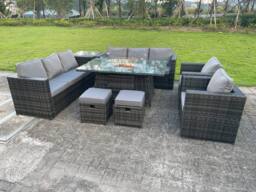 Fimous 10 Seater Outdoor Lounge Rattan Sofa Set Garden Furniture Gas Firepit Set Dining Table With Chair Coffee Table in Dark Grey - thumbnail 4