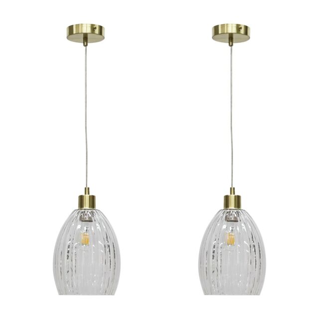 First Choice Lighting Set of 2 Birch - Clear Fluted Glass with Satin Brass Pendant Fittings - image 1