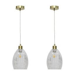 First Choice Lighting Set of 2 Birch - Clear Fluted Glass with Satin Brass Pendant Fittings - thumbnail 1