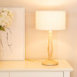 ValueLights Victoria Candlestick Light Wood Table Lamp with Cream Boucle Drum Lamp Shade in Natural