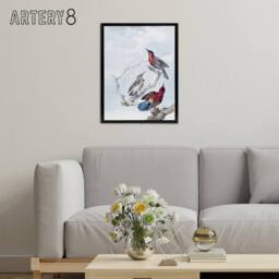 "Artery8 Three Crimson Sunbirds Watercolour Schouman Framed Canvas Wall Art in Blue - Size: W12"" x H16""" - thumbnail 3