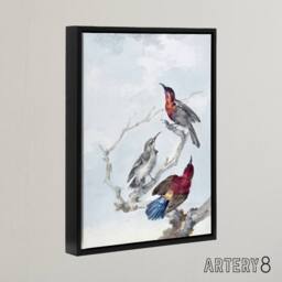"Artery8 Three Crimson Sunbirds Watercolour Schouman Framed Canvas Wall Art in Blue - Size: W12"" x H16""" - thumbnail 2