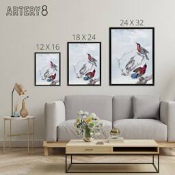 "Artery8 Three Crimson Sunbirds Watercolour Schouman Framed Canvas Wall Art in Blue - Size: W12"" x H16""" - thumbnail 4