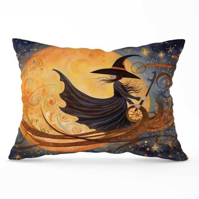 Warren Reed - Designer Whimsical Witch On A Broomstick Cushions in Orange - Size: 60 cm x 60 cm - image 1