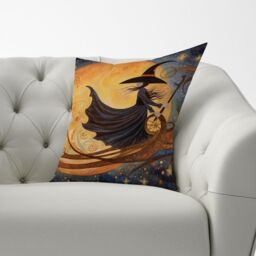 Warren Reed - Designer Whimsical Witch On A Broomstick Cushions in Orange - Size: 60 cm x 60 cm - thumbnail 3
