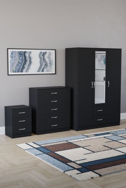 Home Discount Vida Designs 3Pc Bedroom Set 3Bedside, 5 Drawer Chest, Mirror Wardrobe in Black - image 1