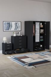 Home Discount Vida Designs 3Pc Bedroom Set 3Bedside, 5 Drawer Chest, Mirror Wardrobe in Black - thumbnail 2