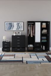 Home Discount Vida Designs 3Pc Bedroom Set 3Bedside, 5 Drawer Chest, Mirror Wardrobe in Black - thumbnail 3