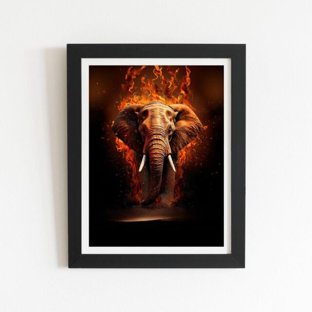 "Warren Reed - Designer Splashart Elephant & fire Framed Art Print in Black - Size: W12"" x H16""" - image 1