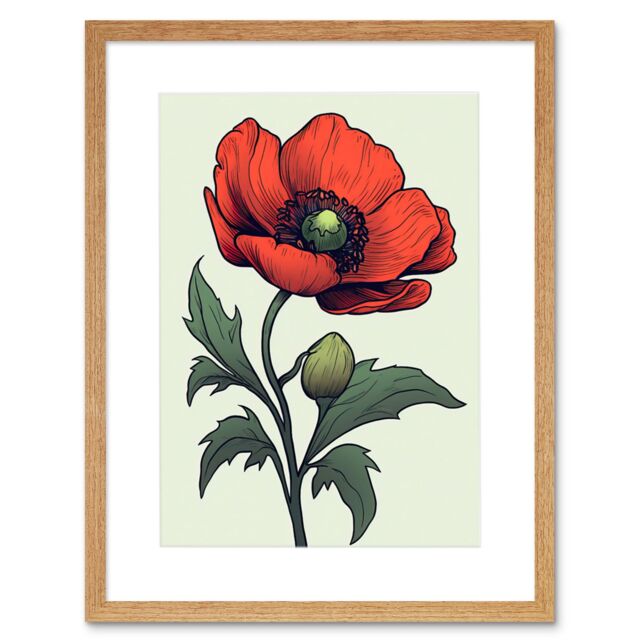 "Artery8 Wall Art Print Anemone Flower Bloom Tattoo Ink Body Art Rockabilly Americana 50s Artwork Framed 9X7 Inch in Beige - Size: W7"" x H9""" - image 1