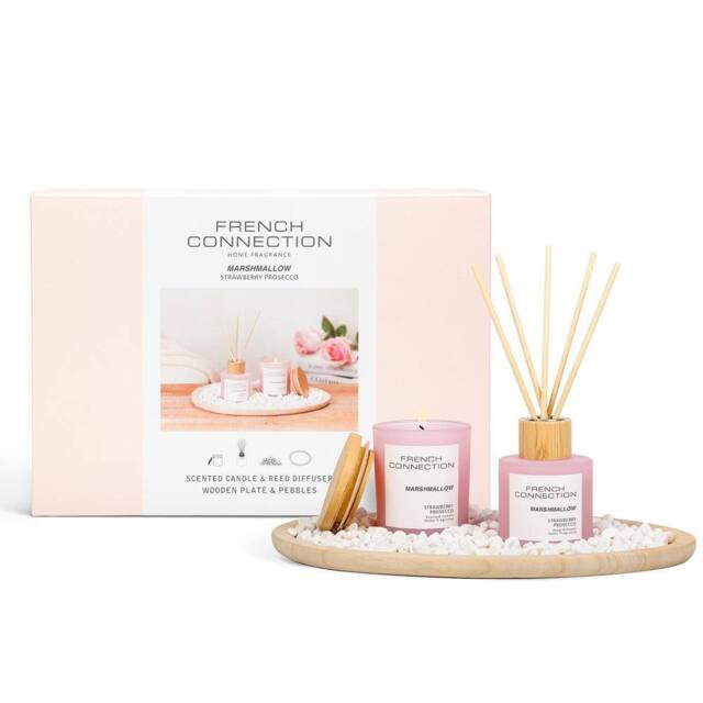 French Connection Marshmallow Home Fragrance Gift Set, Scented Candle & Reed Diffuser with Wooden Plate & Pebbles in Pink - Size: Small - image 1