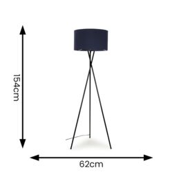 ValueLights Camden Black Metal Tripod Floor Lamp with Navy Blue Drum Lamp Shade in Dark Navy - thumbnail 5