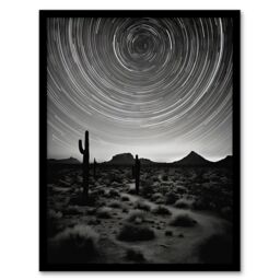 Artery8 The Milky Way Time Lapse Star Trails Stars Tracing Their Journey Across Black White Cactus Art Print Framed Poster Wall Decor - thumbnail 1
