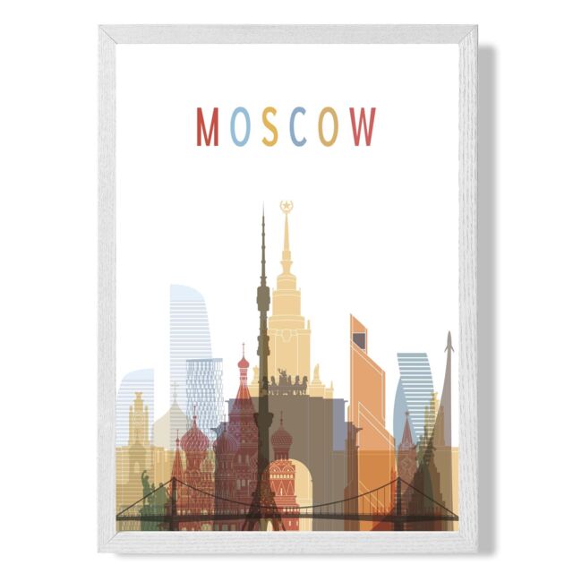 ARTZE Moscow Colourful City Skyline Framed Print SIZE: A4 with White Frame in Pale Blue - image 1