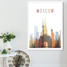 ARTZE Moscow Colourful City Skyline Framed Print SIZE: A4 with White Frame in Pale Blue - thumbnail 2