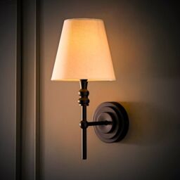 ValueLights Maggie Candlestick Wall Light with Linen Tapered Lamp Shade with Bulb in Black