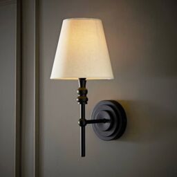 ValueLights Maggie Candlestick Wall Light with Linen Tapered Lamp Shade with Bulb in Black - thumbnail 2