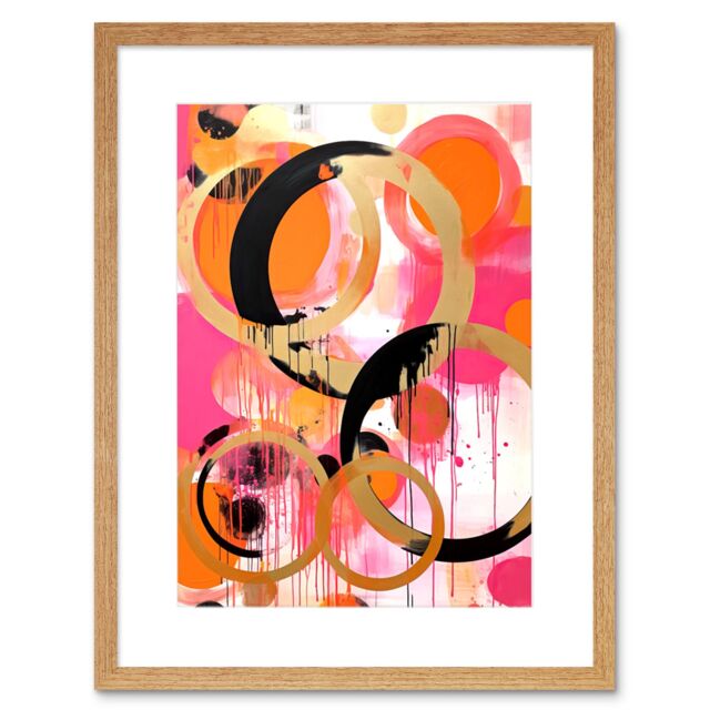 "Artery8 Wall Art Print Abstract Circles Oil Painting Bright Pink Orange Gold Black Geometric Drip Paint Artwork Framed 9X7 Inch - Size: W7"" x H9""" - image 1
