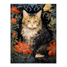 Artery8 Stylish Maine Coon Cat Flowers Floral Design Illustration William Morris Style Large Wall Unframed Art Poster Print Thick Paper 18X24 Inch - thumbnail 1