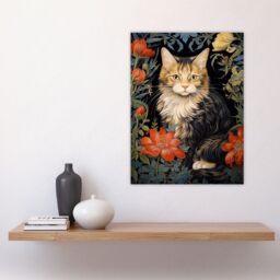 Artery8 Stylish Maine Coon Cat Flowers Floral Design Illustration William Morris Style Large Wall Unframed Art Poster Print Thick Paper 18X24 Inch - thumbnail 4