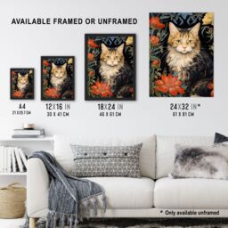 Artery8 Stylish Maine Coon Cat Flowers Floral Design Illustration William Morris Style Large Wall Unframed Art Poster Print Thick Paper 18X24 Inch - thumbnail 3