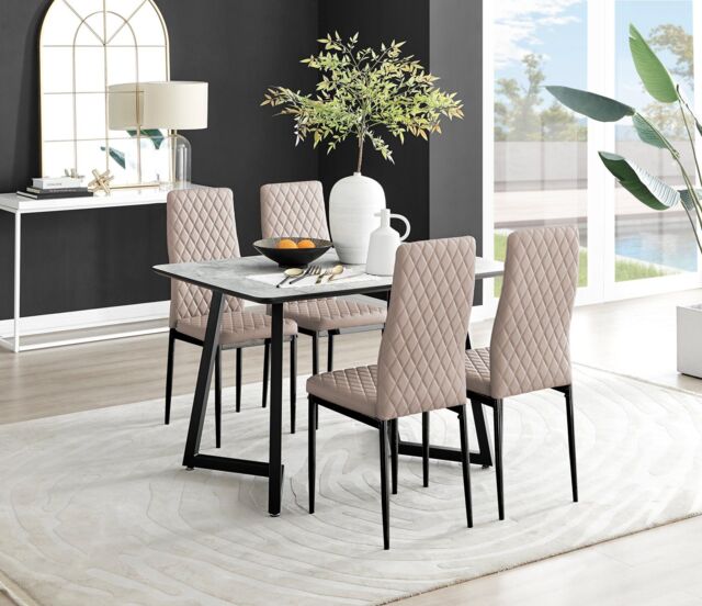 FurnitureboxUK Carson White Marble Effect Dining Table & 4 Milan Black Leg Chairs in Beige - image 1